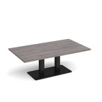 A rectangular coffee table with a grey wood-grain top and a black metal pedestal base, shown on a clean white background.