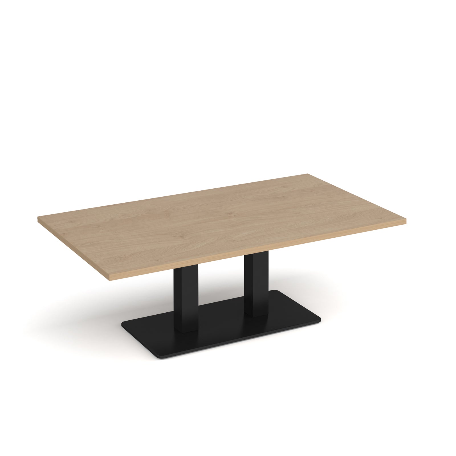 A rectangular coffee table with a light oak wood-grain top and a black metal pedestal base, shown on a clean white background.