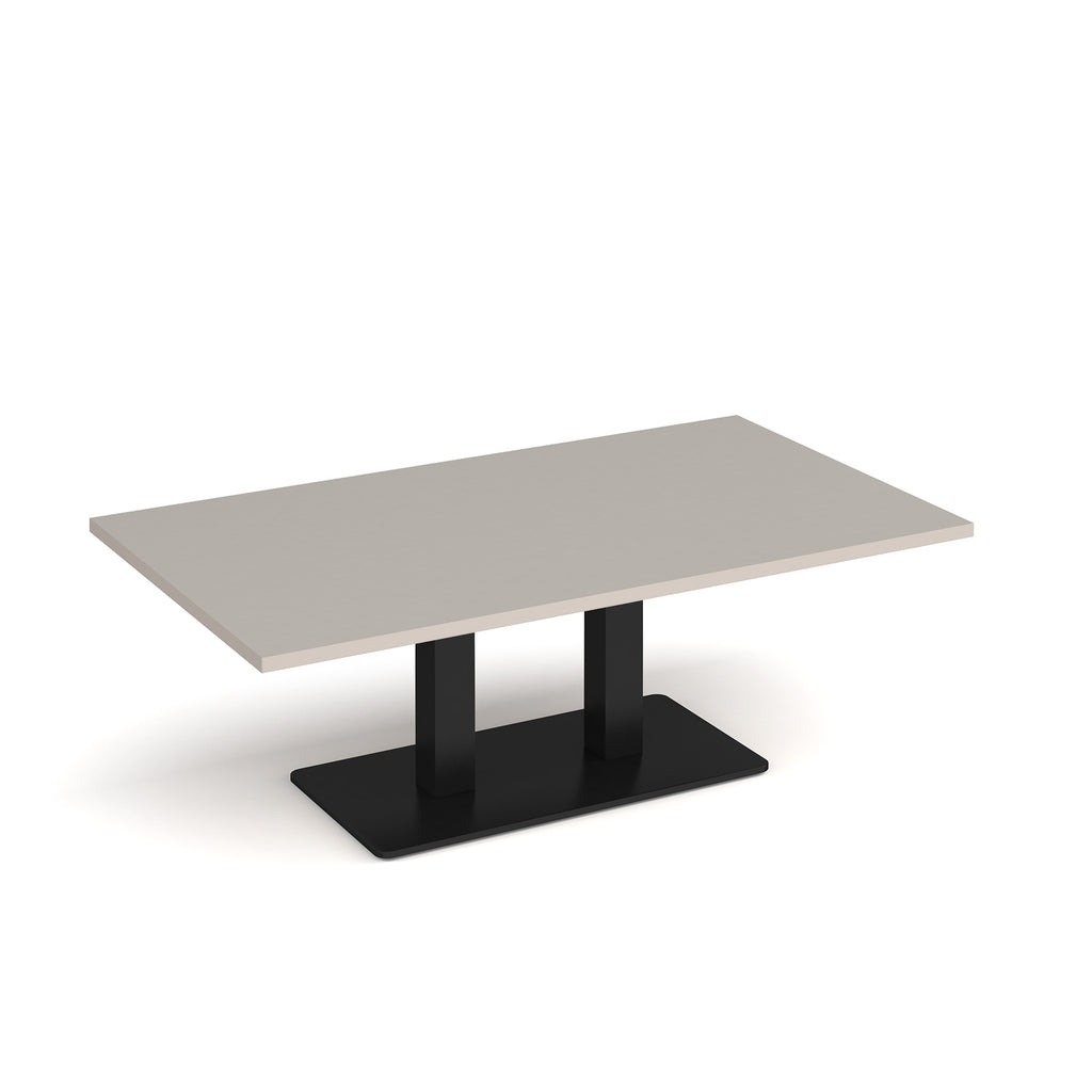 A rectangular coffee table with a light grey top and a black metal pedestal base, shown on a clean white background.