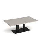 A rectangular coffee table with a light grey top and a black metal pedestal base, shown on a clean white background.