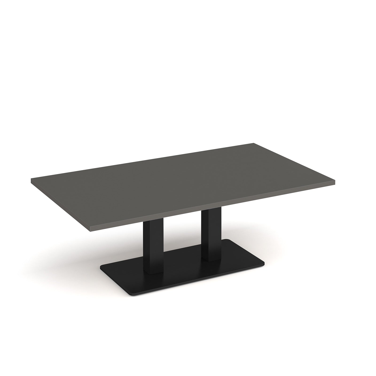 A rectangular coffee table with a grey top and a black metal pedestal base, shown on a clean white background.