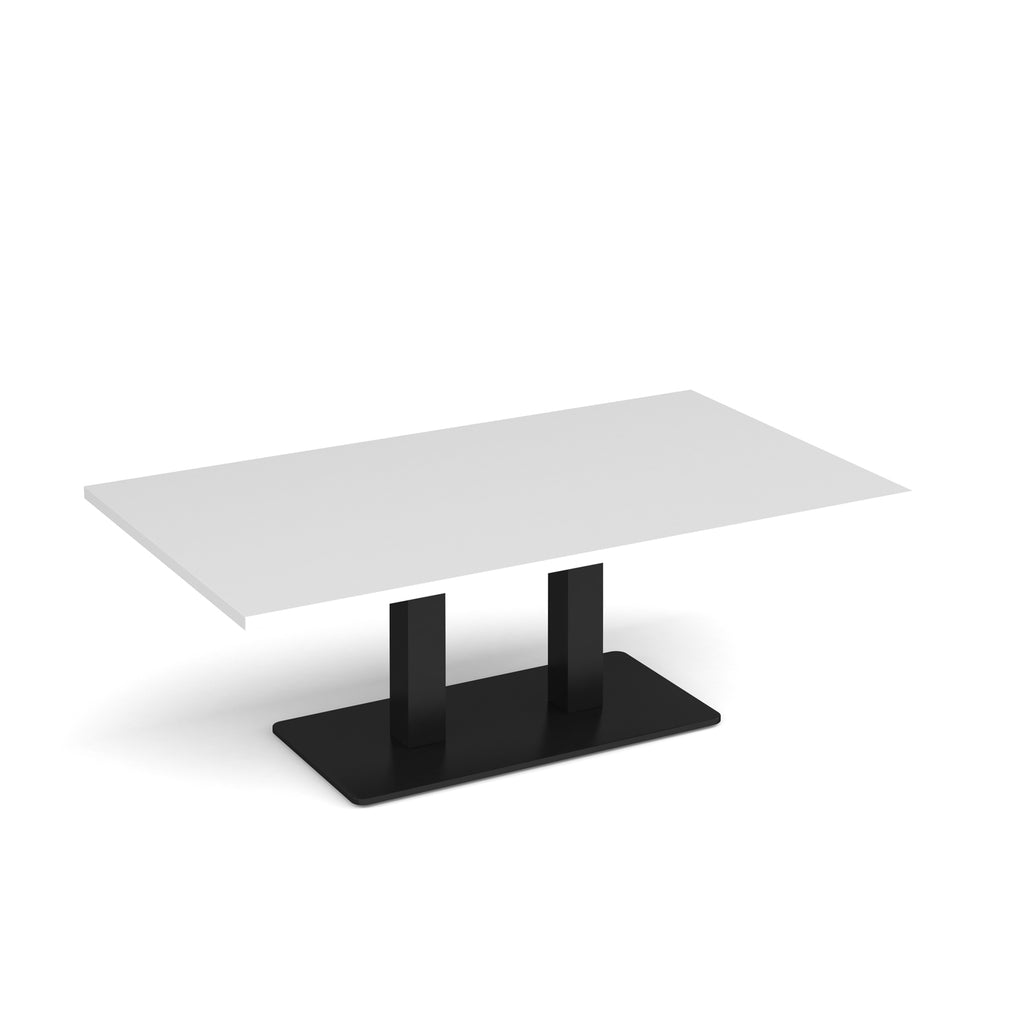 A rectangular coffee table with a white top and a black metal pedestal base, shown on a clean white background.