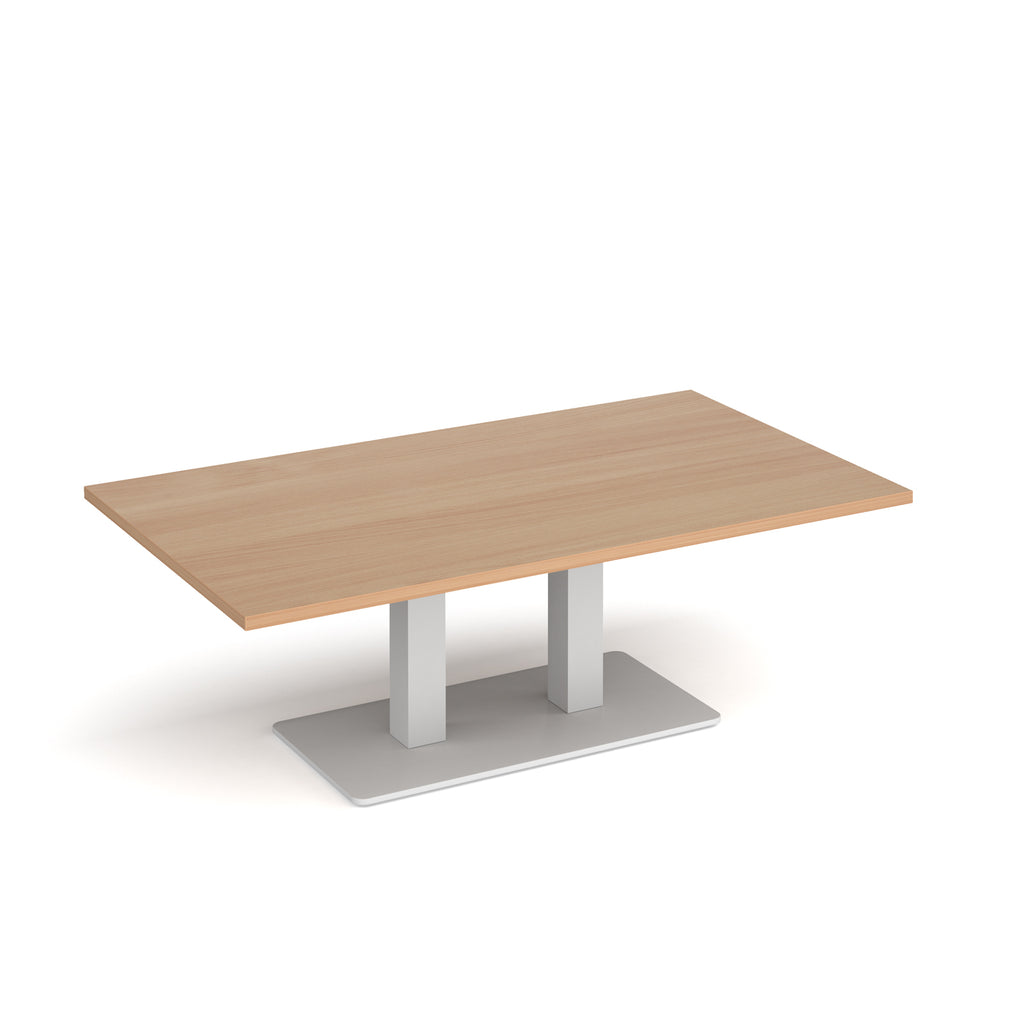 A rectangular coffee table with a beech wood-grain top and a white metal pedestal base, shown on a clean white background.