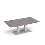 A rectangular coffee table with a grey wood-grain top and a white metal pedestal base, shown on a clean white background.