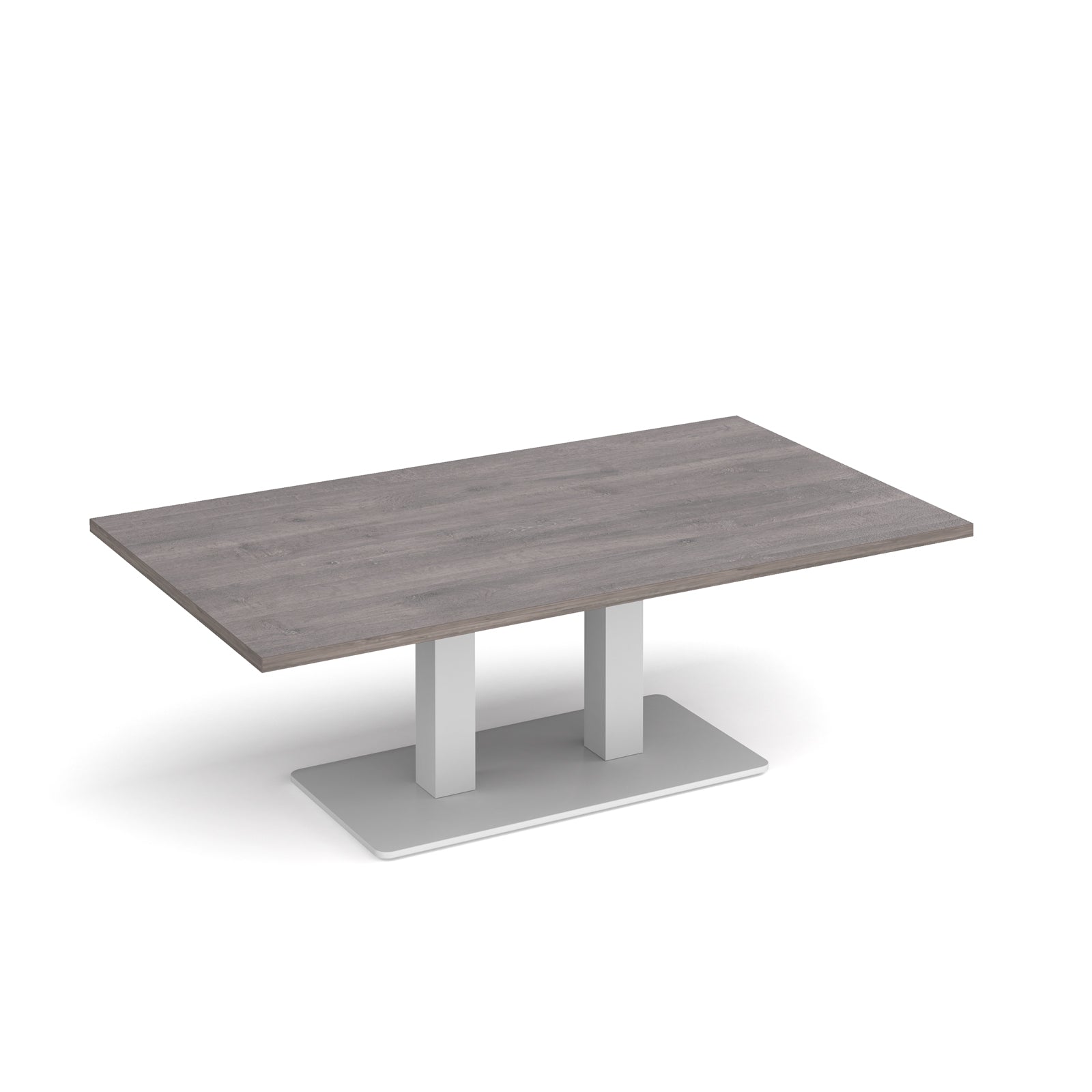 A rectangular coffee table with a grey wood-grain top and a white metal pedestal base, shown on a clean white background.