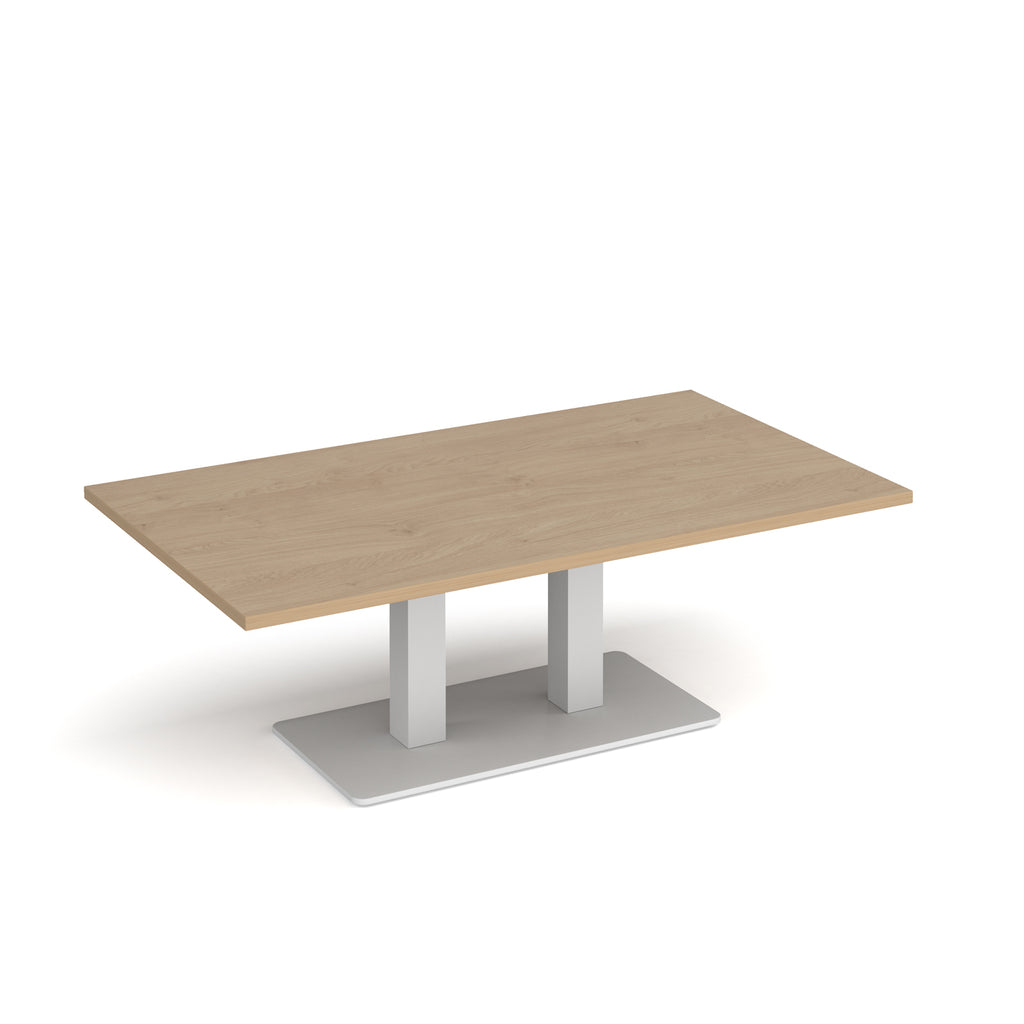 A rectangular coffee table with a wood-grain top and a white metal pedestal base, shown on a clean white background.