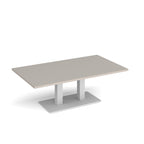 A rectangular coffee table with a light grey top and a white metal pedestal base, shown on a clean white background.
