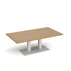 A rectangular coffee table with a light oak wood-grain top and a white metal pedestal base, shown on a clean white background.