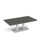 A rectangular coffee table with a grey top and a white metal pedestal base, shown on a clean white background.