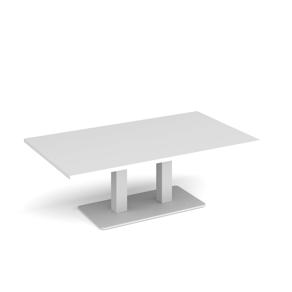 A rectangular coffee table with a white top and metal pedestal base, shown on a clean white background.