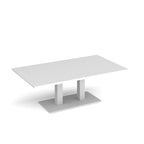 A rectangular coffee table with a white top and metal pedestal base, shown on a clean white background.