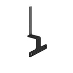 A black metal L-bracket with pre-drilled screw holes, shown on a solid white background.