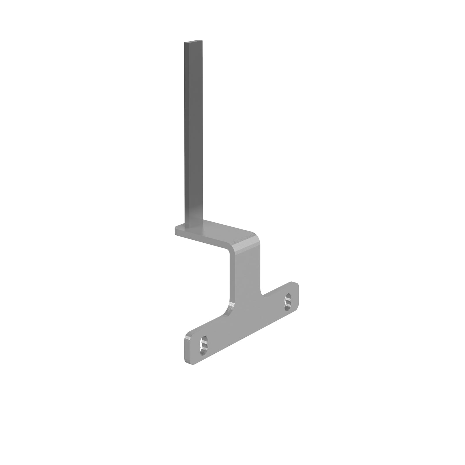 A silver metal L-bracket with pre-drilled screw holes, shown on a solid white background.