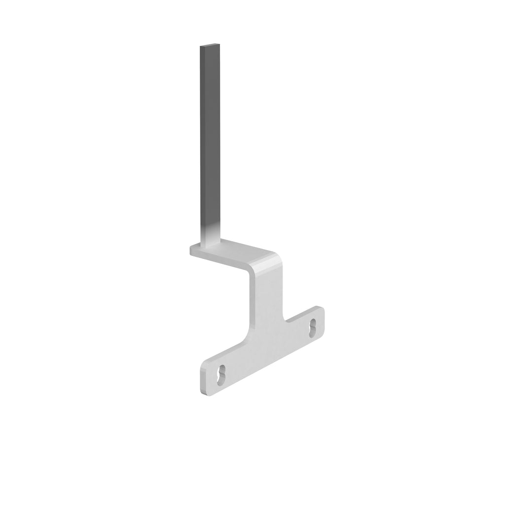 A white metal L-bracket with pre-drilled screw holes, shown on a solid white background.