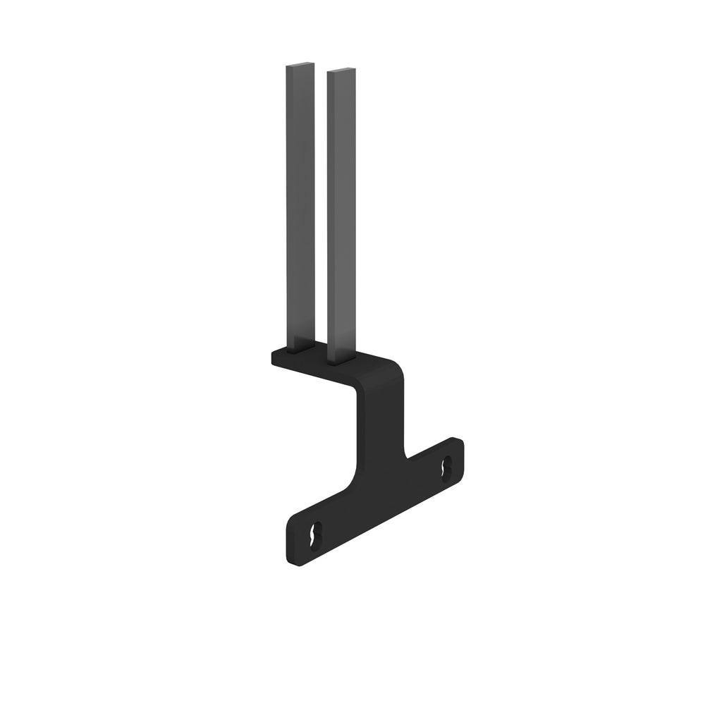 A black metal bracket with two upright vertical bars and a horizontal base featuring two pre-drilled screw holes, shown on a plain white background.