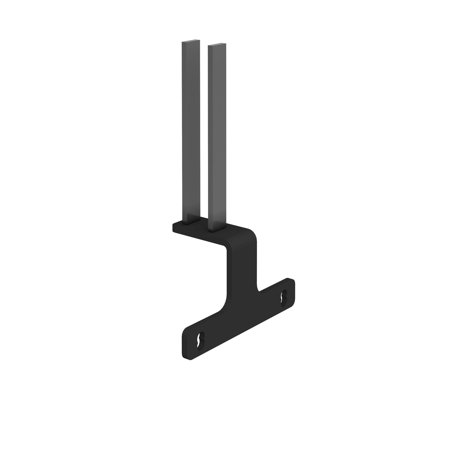 A black metal bracket with two upright vertical bars and a horizontal base featuring two pre-drilled screw holes, shown on a plain white background.