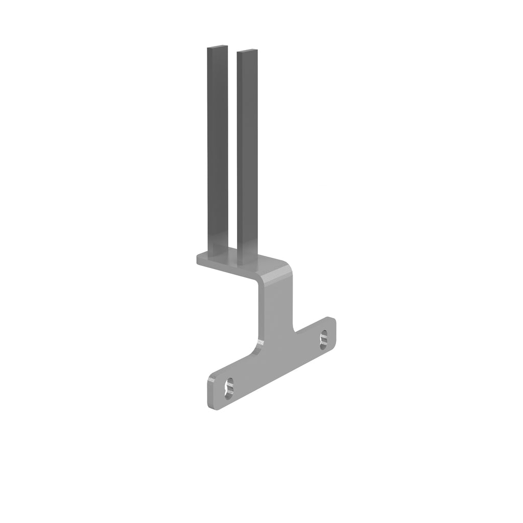 A silver metal bracket with two upright vertical bars and a horizontal base featuring two pre-drilled screw holes, shown on a plain white background.