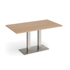 A rectangular office table with a light beech wood grain top and a modern brushed steel pedestal base, shown on a clean white background.