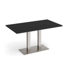 A modern rectangular table with a black top and a brushed steel metal pedestal base, shown on a clean white background.