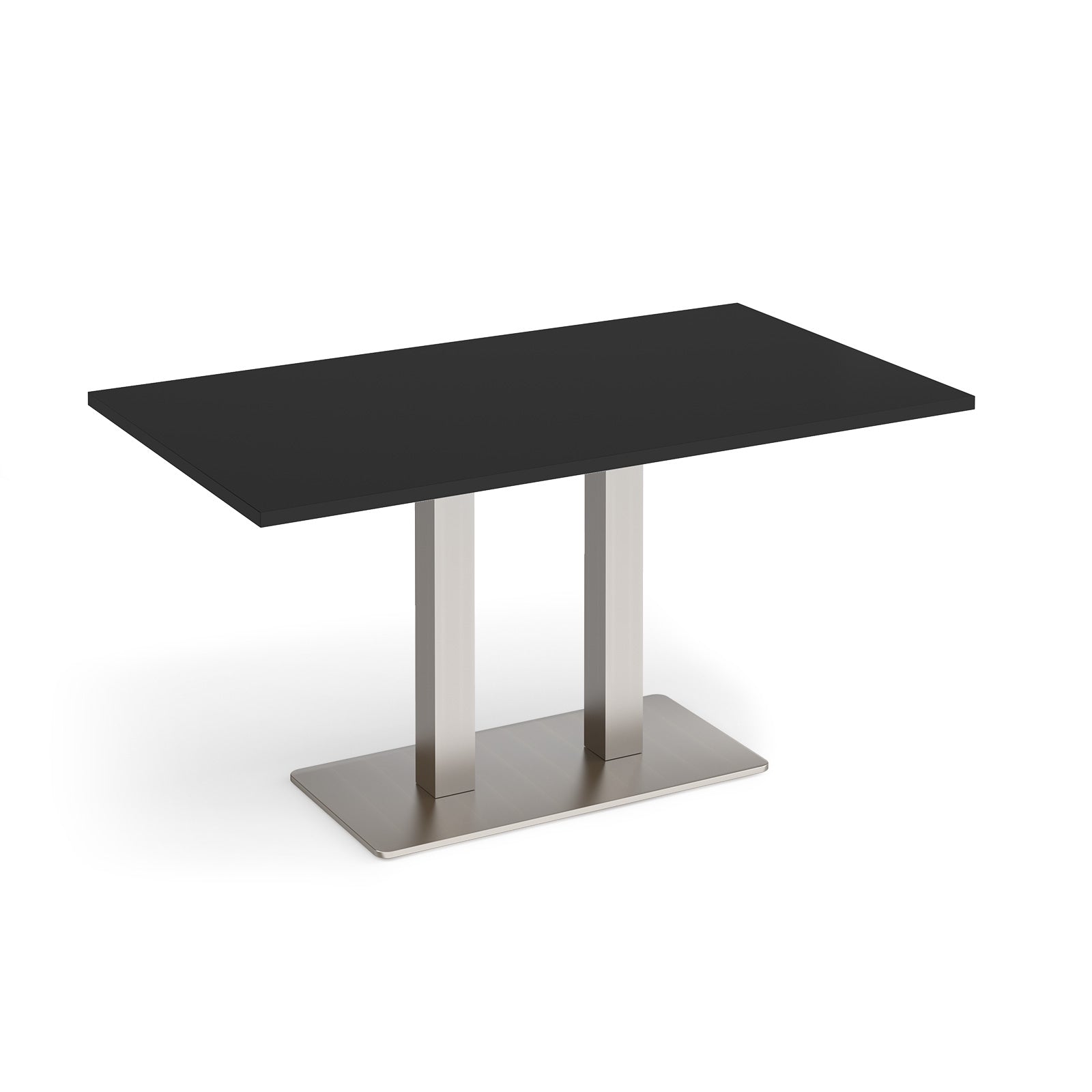 A modern rectangular table with a black top and a brushed steel metal pedestal base, shown on a clean white background.