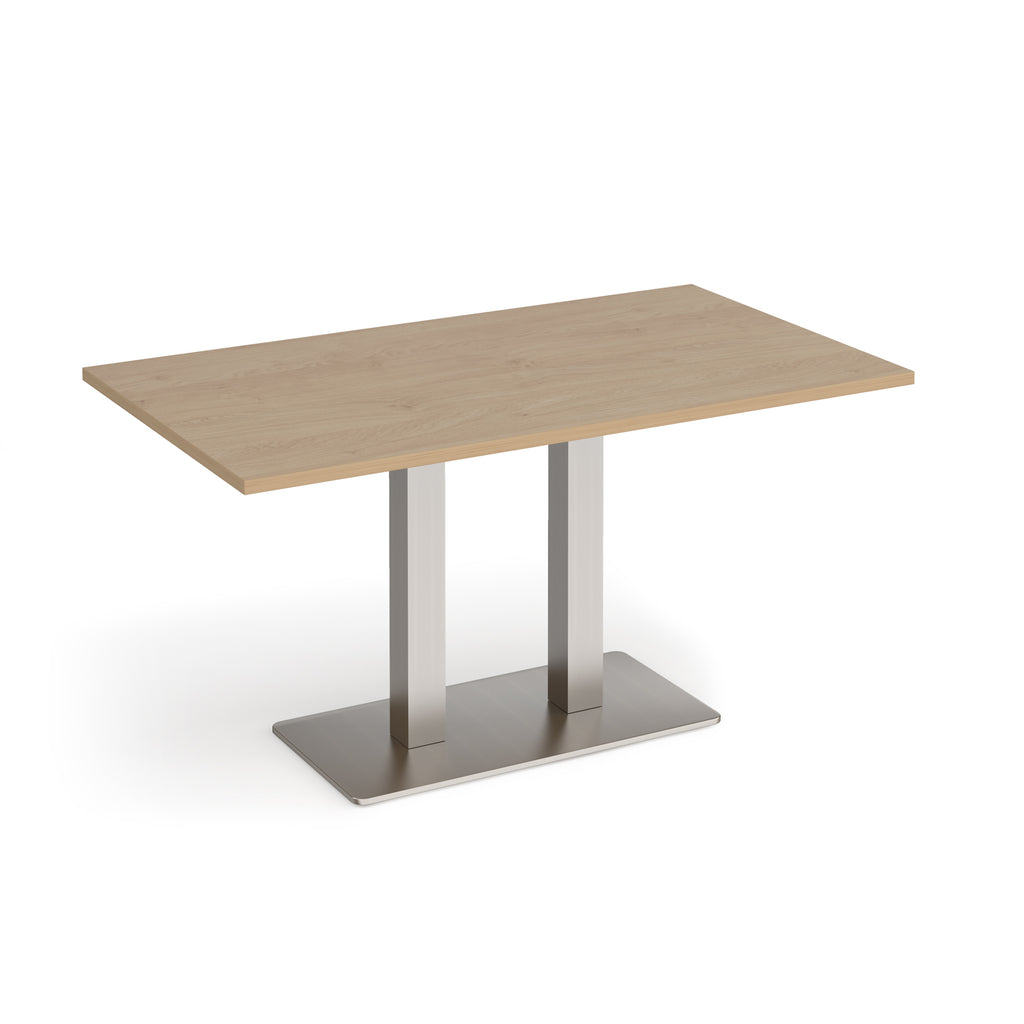 A rectangular table with a light oak wood grain top and a modern brushed steel pedestal base, shown on a clean white background.