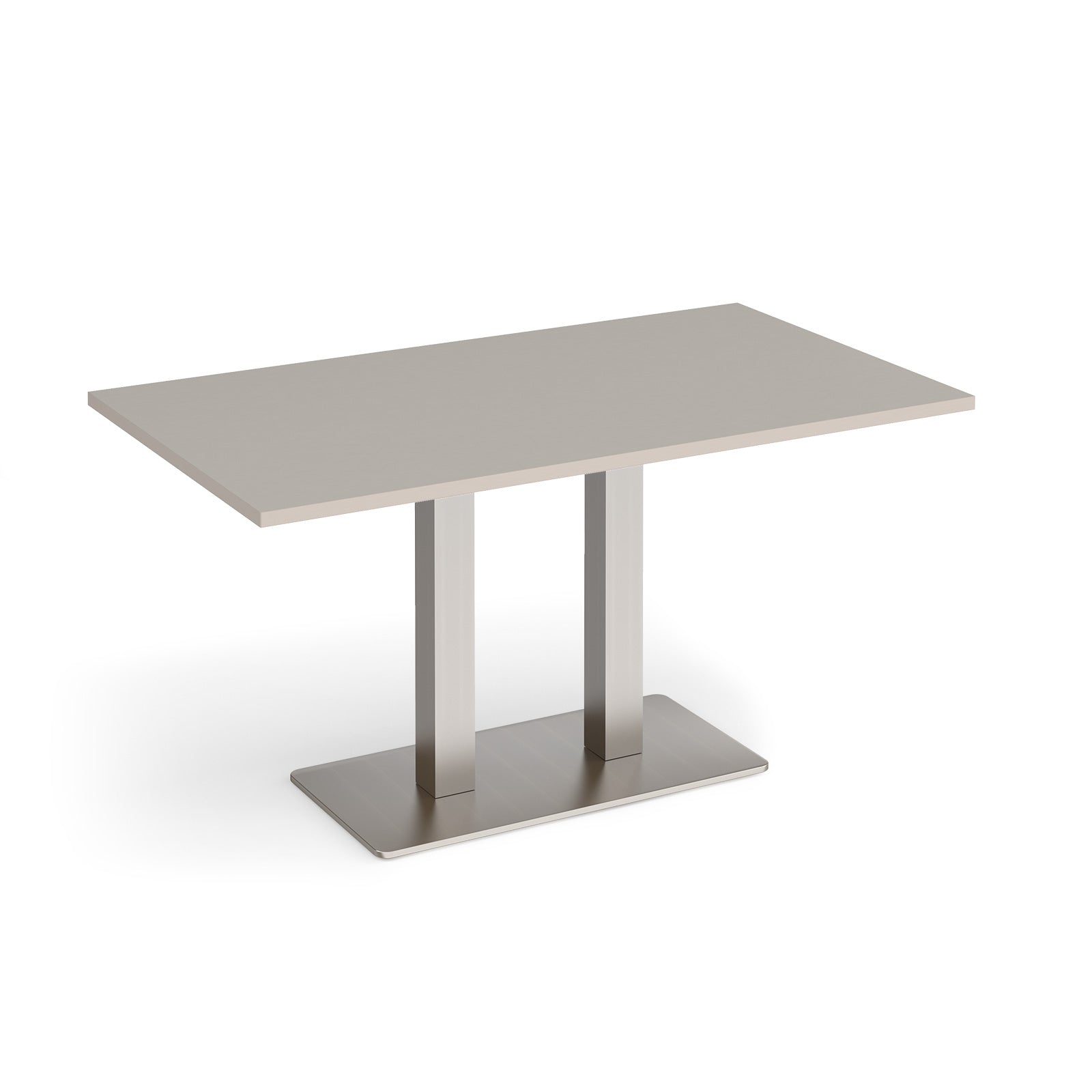 A modern rectangular table with a light grey top and a brushed steel metal pedestal base, shown on a clean white background.