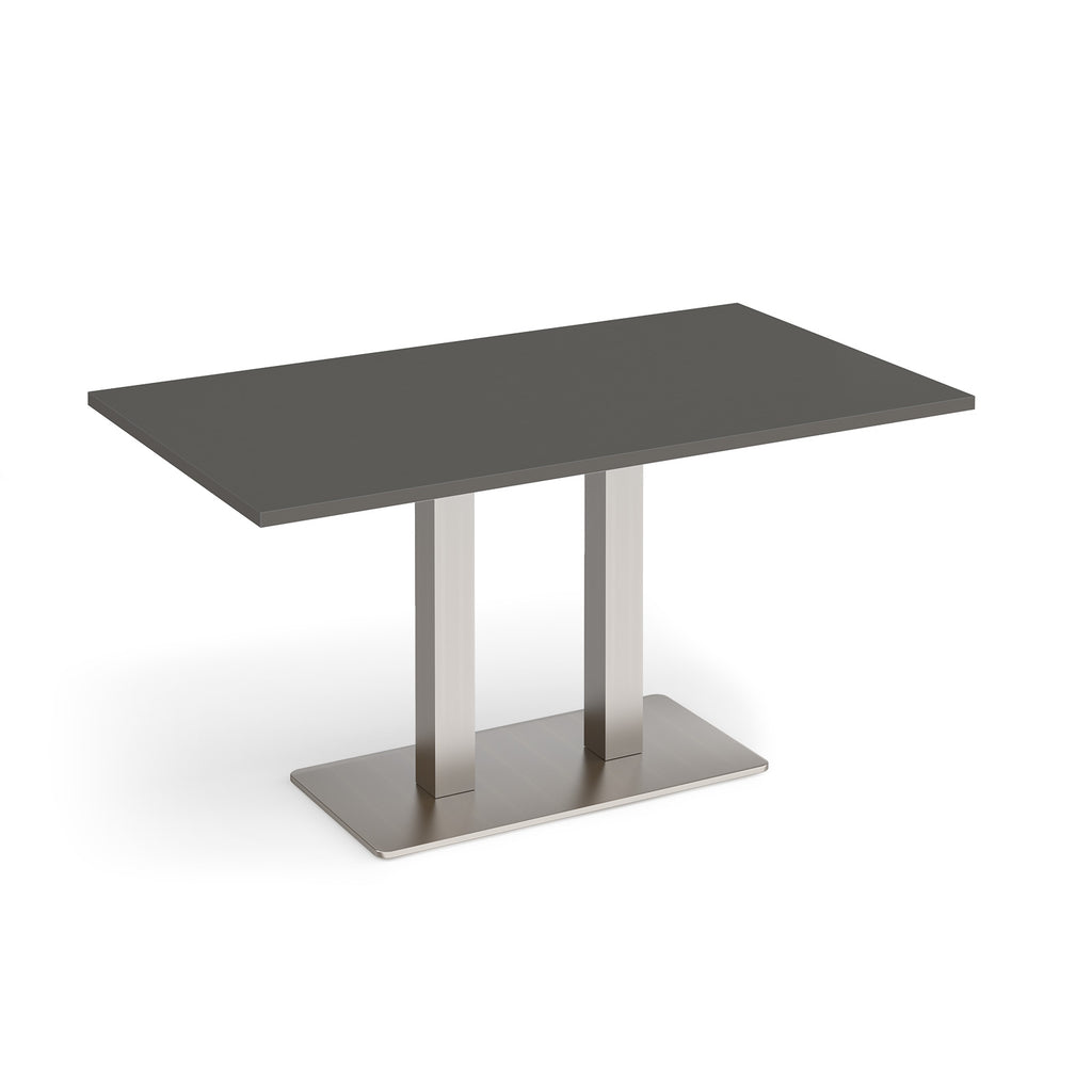 A modern rectangular table with a dark grey top and a brushed steel metal pedestal base, shown on a clean white background.