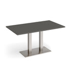 A modern rectangular table with a dark grey top and a brushed steel metal pedestal base, shown on a clean white background.