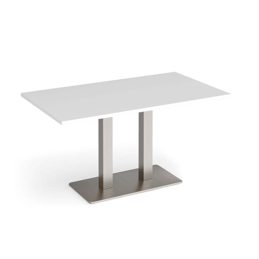 A modern rectangular table with a white top and a brushed silver metal pedestal base, shown on a clean white background.
