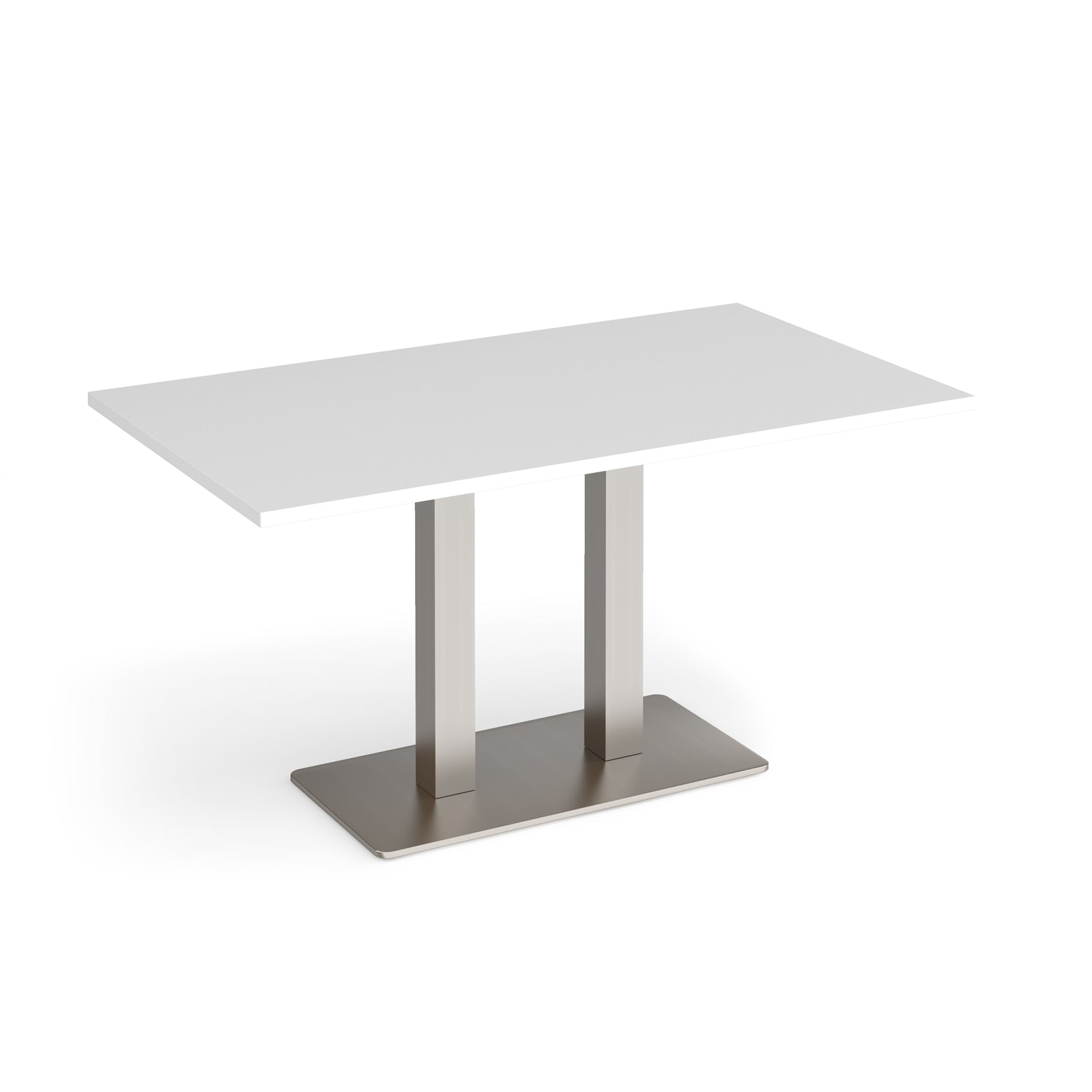 A modern rectangular table with a white top and a brushed silver metal pedestal base, shown on a clean white background.
