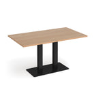 A rectangular meeting table with a light beech wood grain top and a black metal pedestal base, shown on a clean white background.