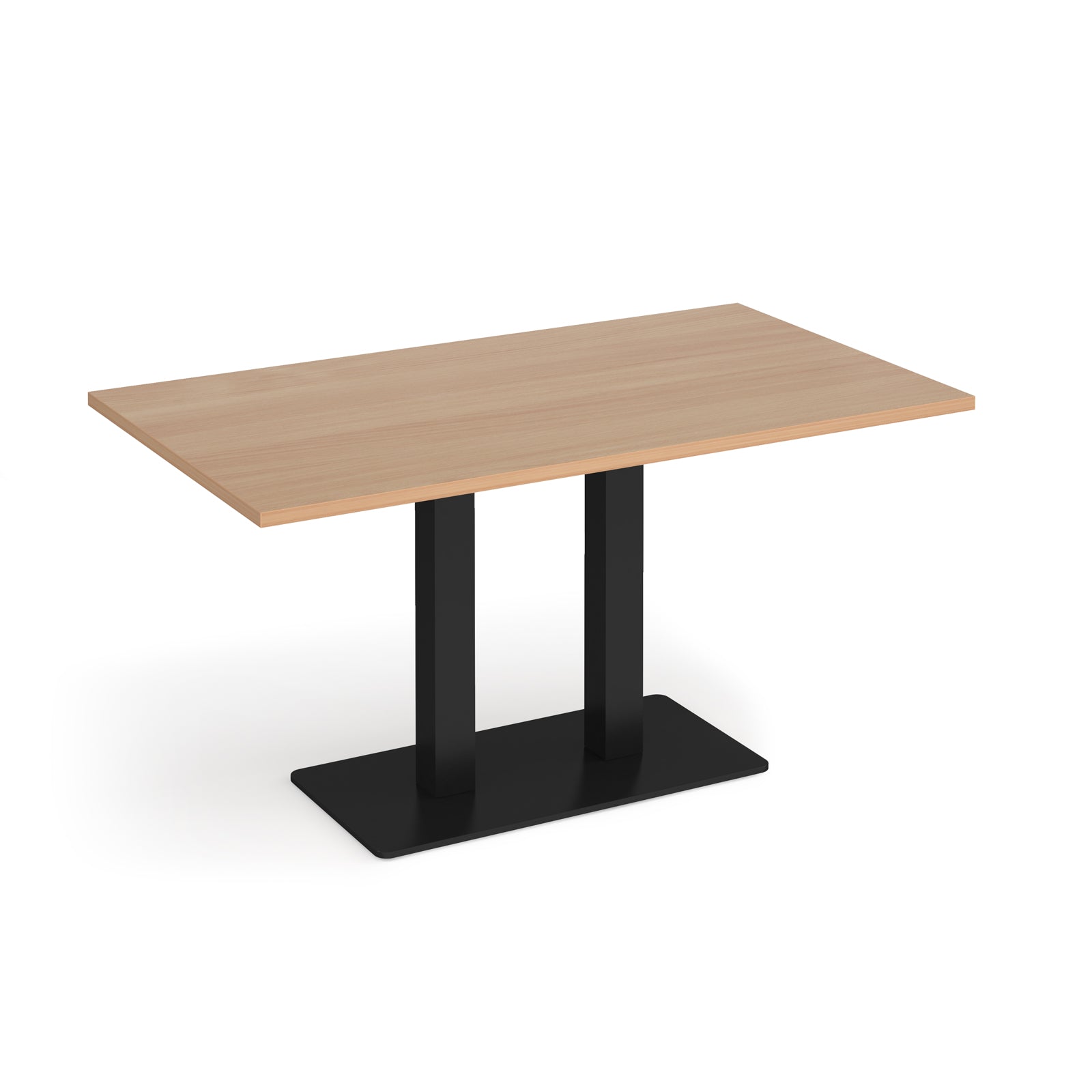 A rectangular meeting table with a light beech wood grain top and a black metal pedestal base, shown on a clean white background.
