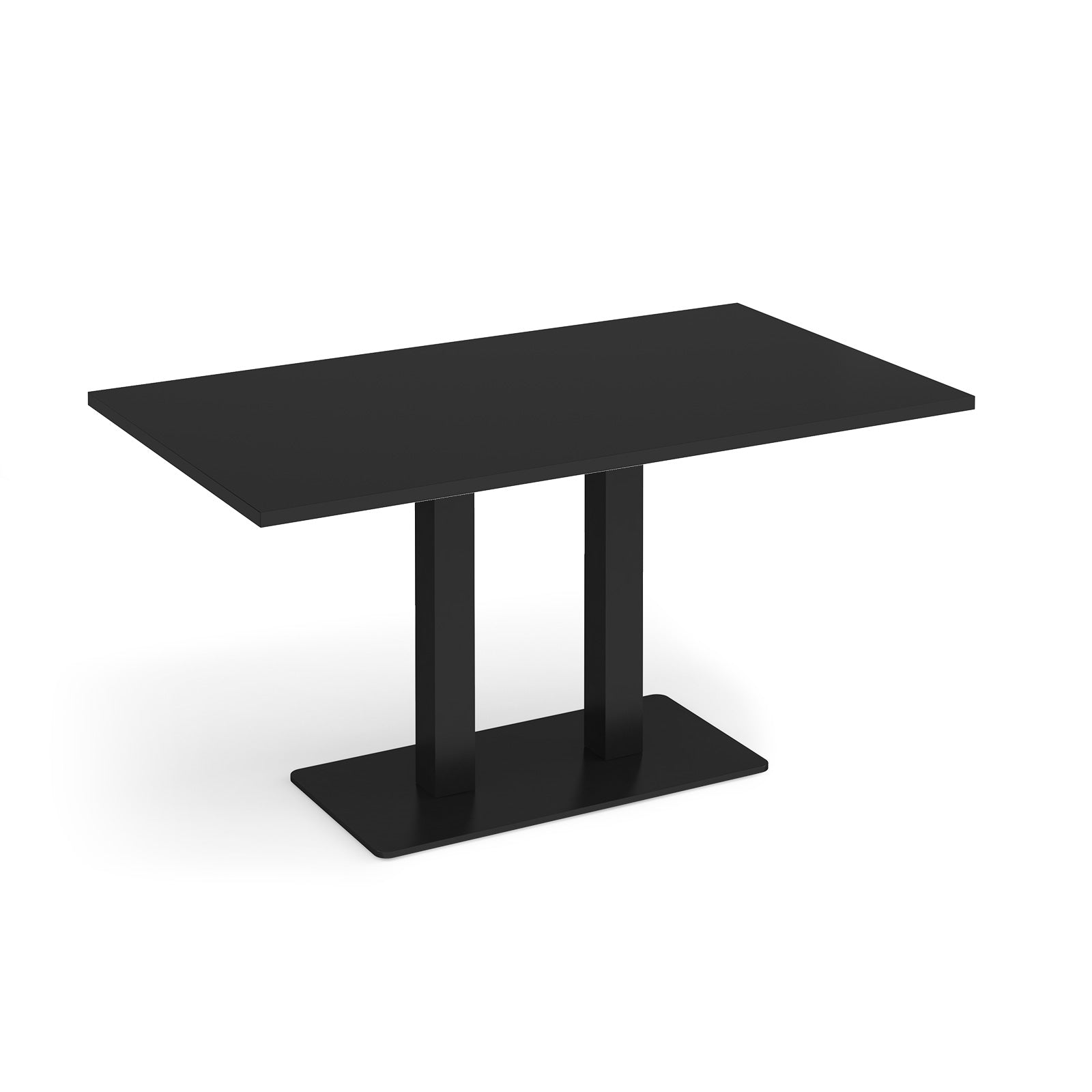 A modern black rectangular conference table with a double pedestal base and a flat rectangular footplate, shown on a clean white background.