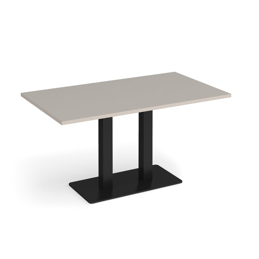 A rectangular meeting table with a light grey top and a black metal pedestal base, shown on a plain white background.