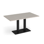 A rectangular meeting table with a light grey top and a black metal pedestal base, shown on a plain white background.