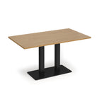 A rectangular office table with a light oak wood-grain top and a black metal pedestal base, shown on a plain white background.
