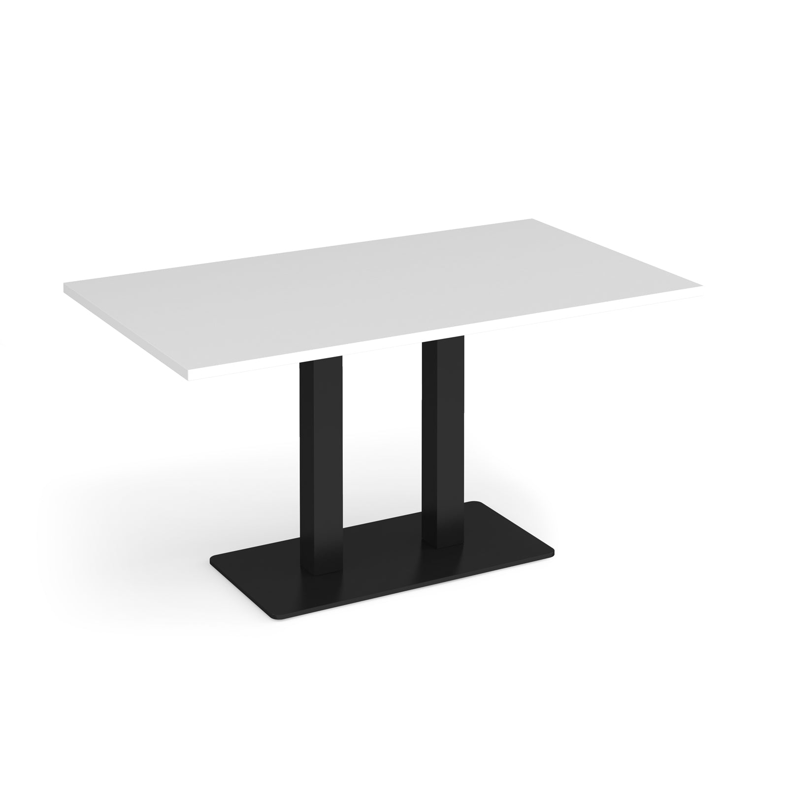 A modern rectangular table with a white top and a black double-leg pedestal base, shown on a clean white background.