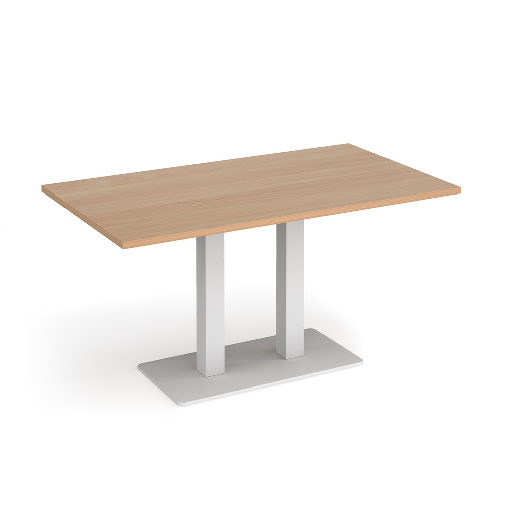 A rectangular table with a light beech wood-grain top and a modern white metal pedestal base, shown on a plain white background.