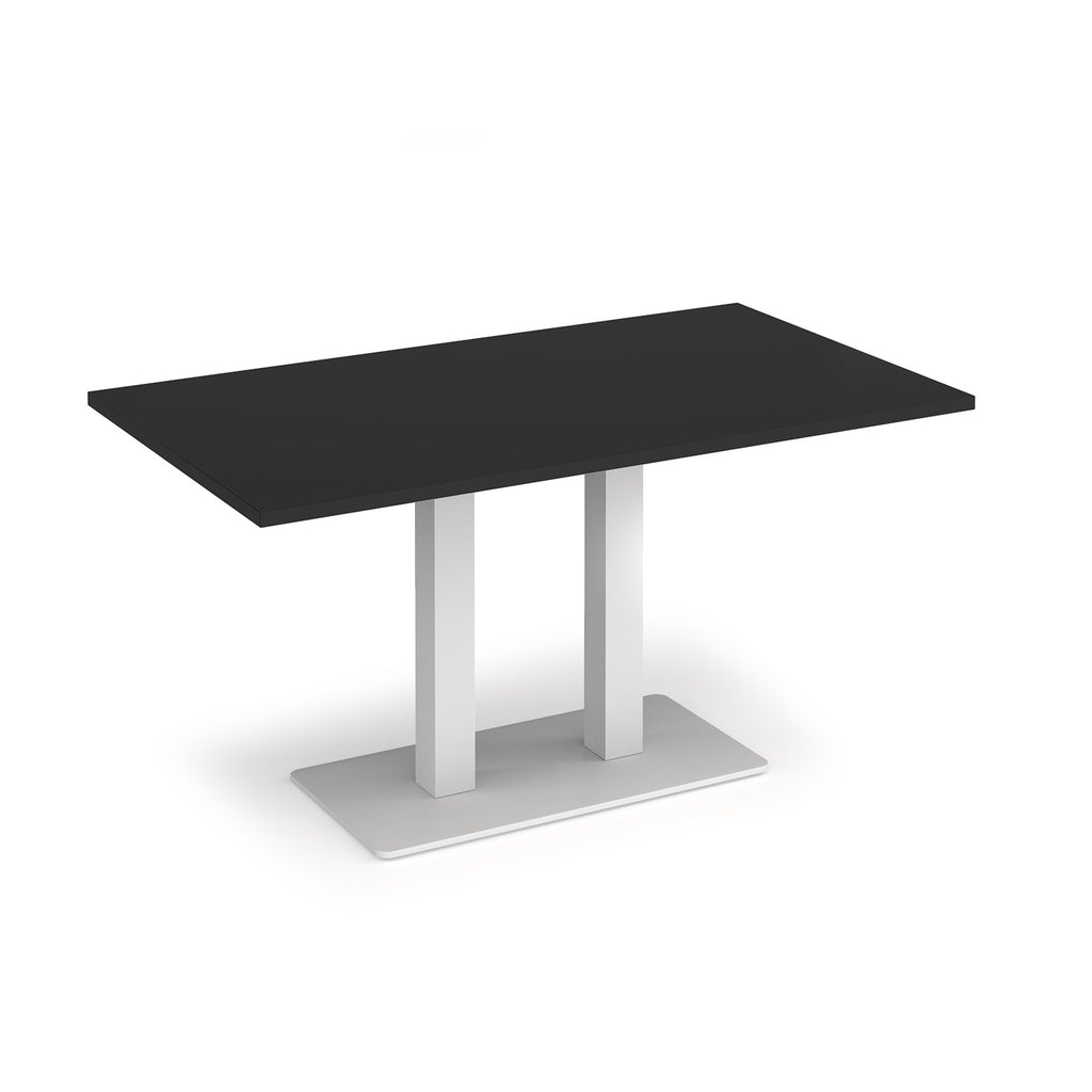A modern rectangular table with a black top and a white metal pedestal base, shown on a plain white background.