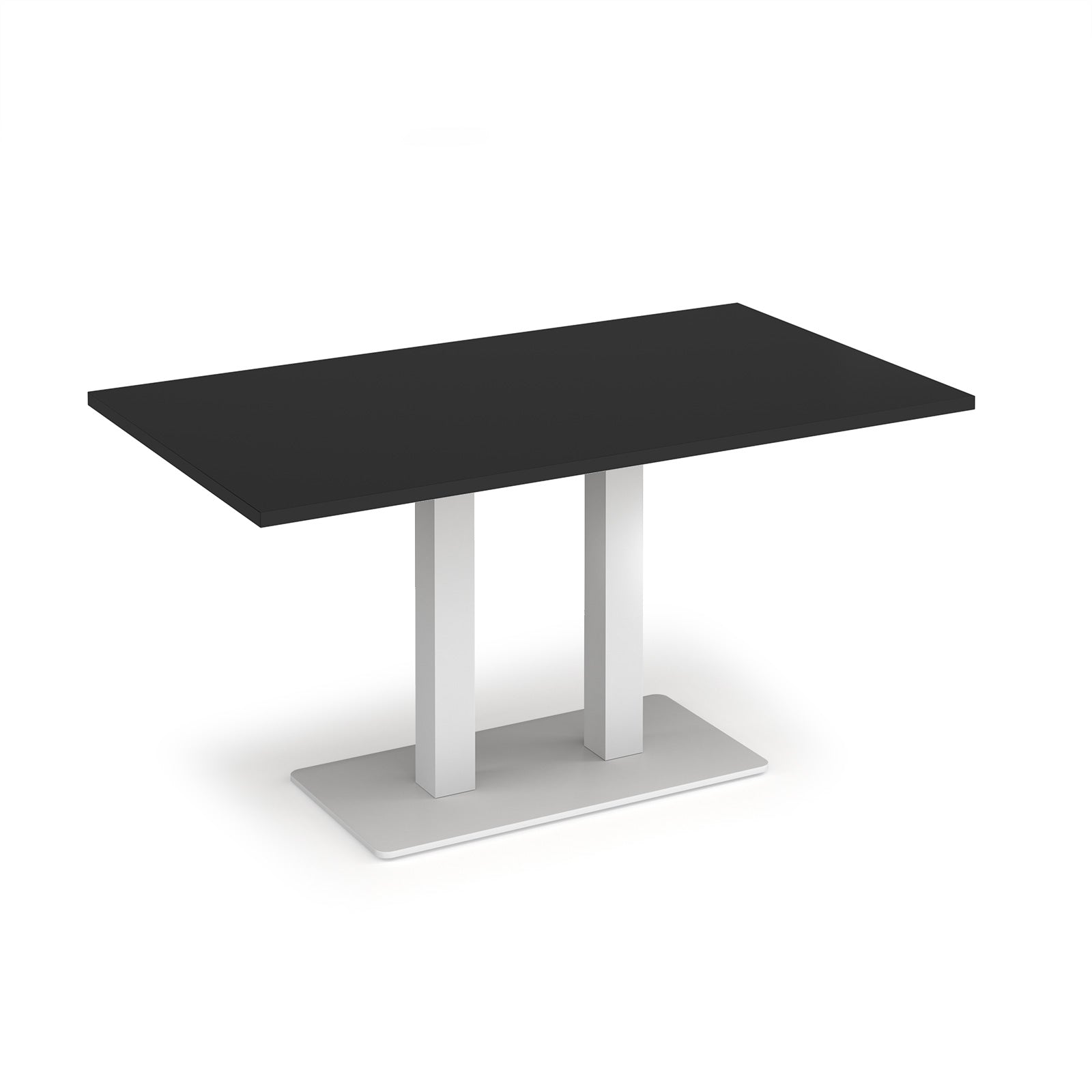 A modern rectangular table with a black top and a white metal pedestal base, shown on a plain white background.