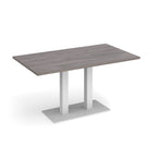 A modern rectangular table with a grey wood-grain top and a white metal pedestal base, shown on a clean white background.
