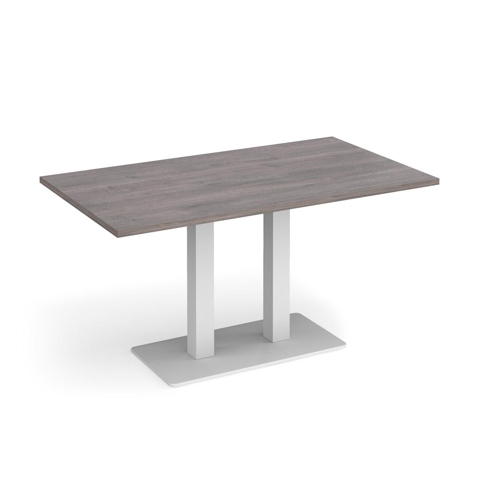 A modern rectangular table with a grey wood-grain top and a white metal pedestal base, shown on a clean white background.