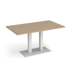 A rectangular meeting table with a light oak wood grain top and a modern white metal pedestal base with a square plate, shown on a white background.