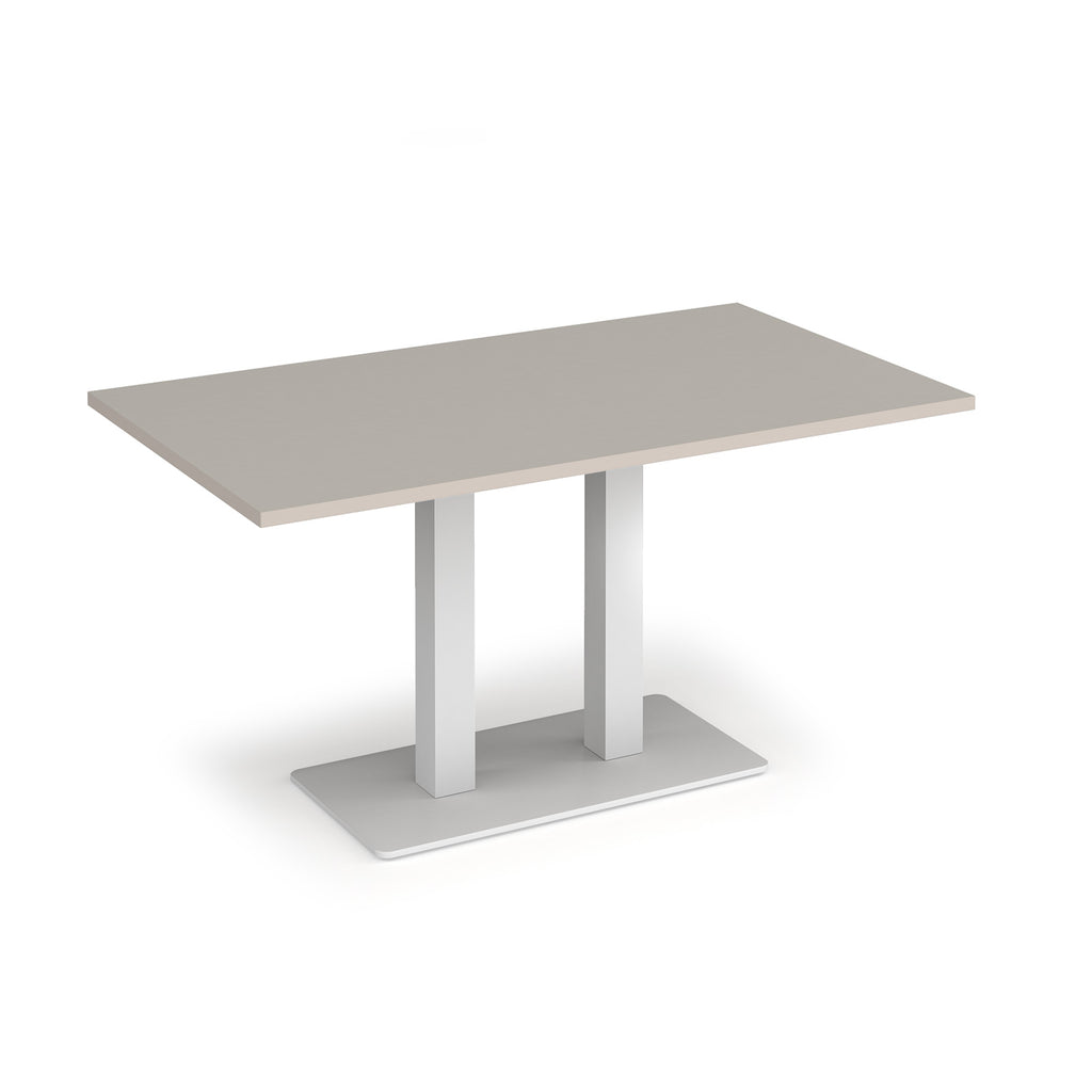 A modern rectangular table with a light grey top and a white double pedestal base with a square plate, shown on a white background.