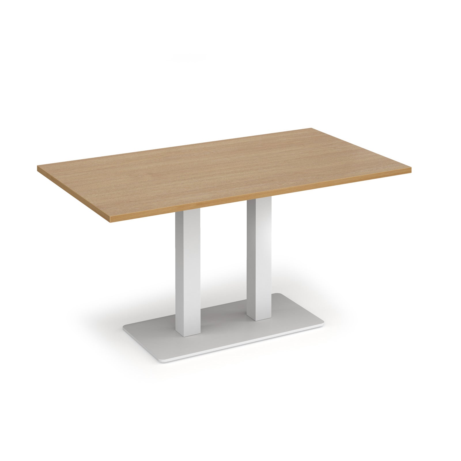 A rectangular table with a light oak wood grain top and a white metal pedestal base, shown on a plain white background.
