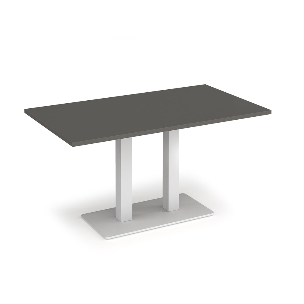 A modern rectangular table with a dark grey top and a white metal pedestal base, shown on a clean white background.