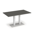 A modern rectangular table with a dark grey top and a white metal pedestal base, shown on a clean white background.