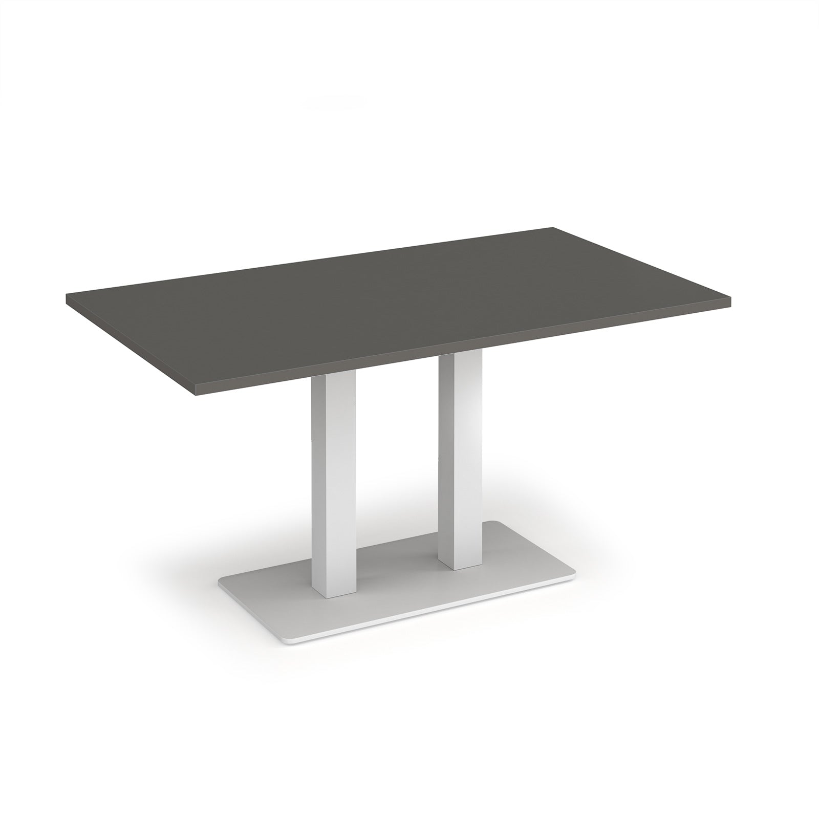 A modern rectangular table with a dark grey top and a white metal pedestal base, shown on a clean white background.