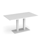 A modern rectangular dining table with a white top and a dual pedestal base, shown on a clean white background.