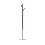 Wooden coat rack with a white base on a white background